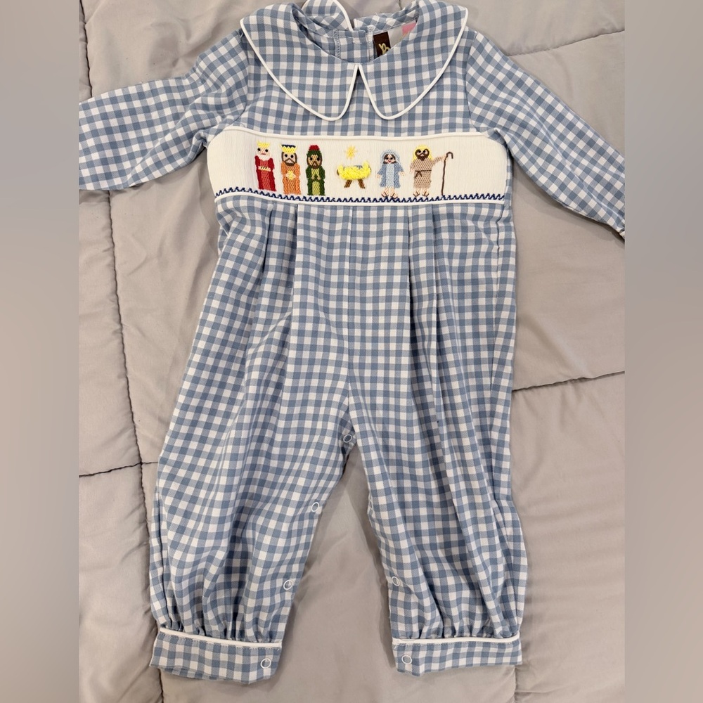 Banana Split brand Blue Nativity Smocked Boys Bubble Longall